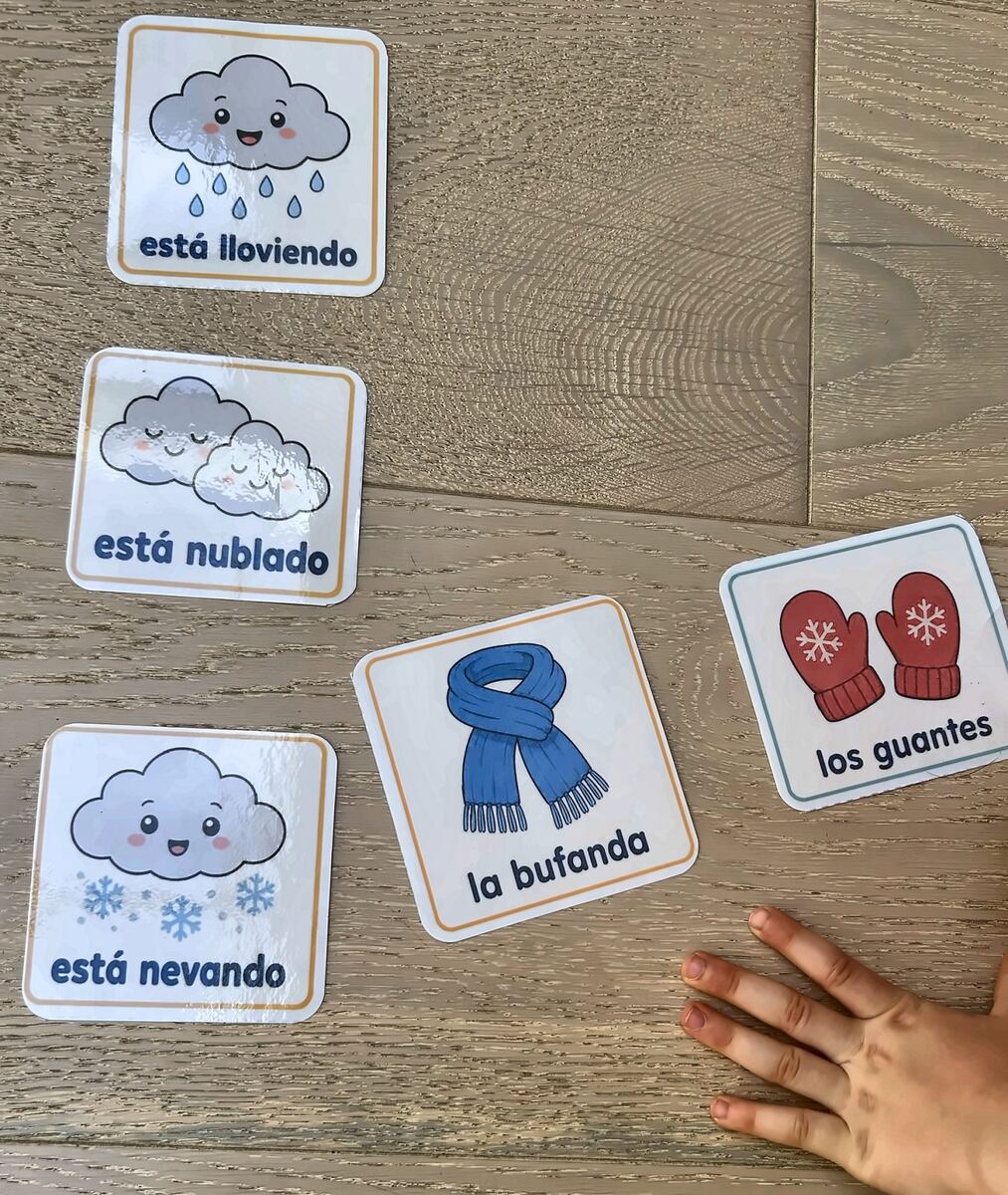 Spanish weather and clothes cards laid out on a wooden floor